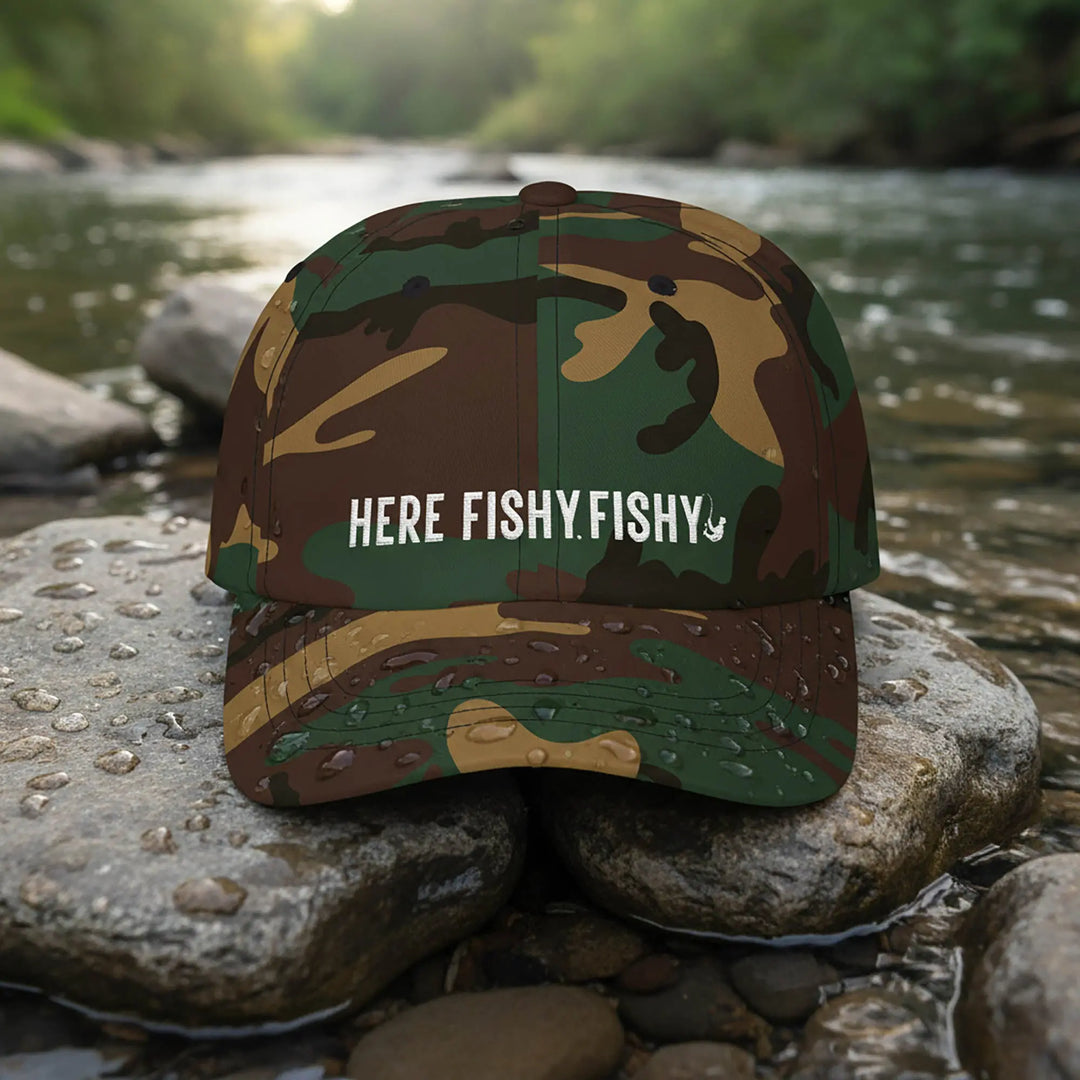 Here Fishy Fishy Classic Dad Cap Hats Green Camo / One size