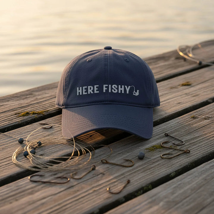 Here Fishy Fishy Classic Dad Cap Hats Navy / One size