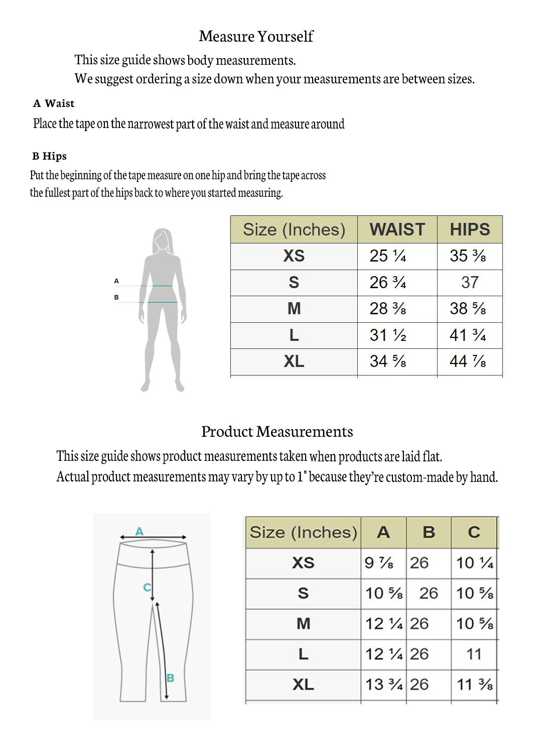 capris size chart