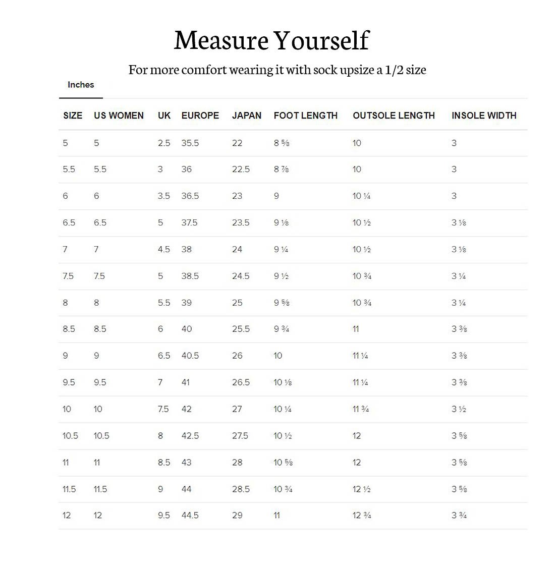 sneakers size chart